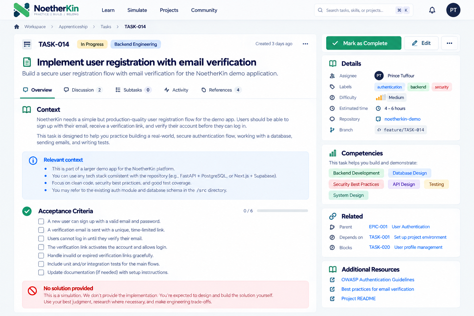 Task card for TASK-014: implement user registration with email verification, including context, acceptance criteria, competencies, and a note that no solution is provided.